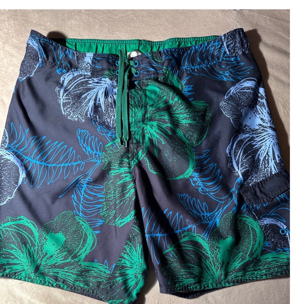Joe Boxer Mens Tropical Floral Swim Trunks Blue Green Mesh Lined Board Shorts L